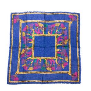 Vintage Japanese Acrylic Square Scarf 31" Blue With Multicolor Tassel Pattern